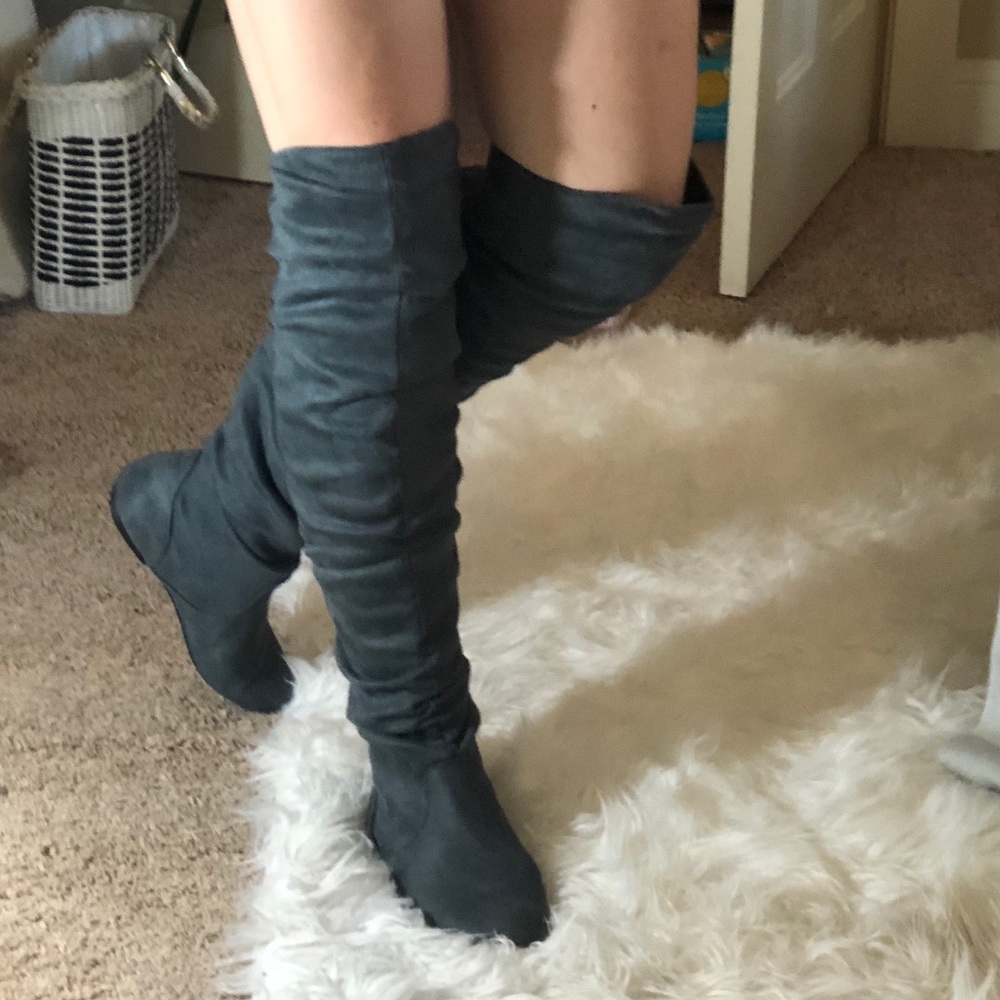 Thigh High Faux Ruched Suede Flat Boots